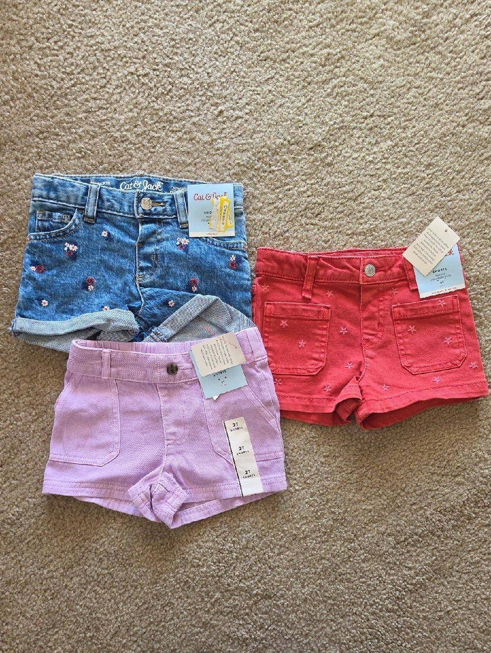 Cat & Jack Girls' Denim, Pink, and Red Shorts Trio Suze 2T